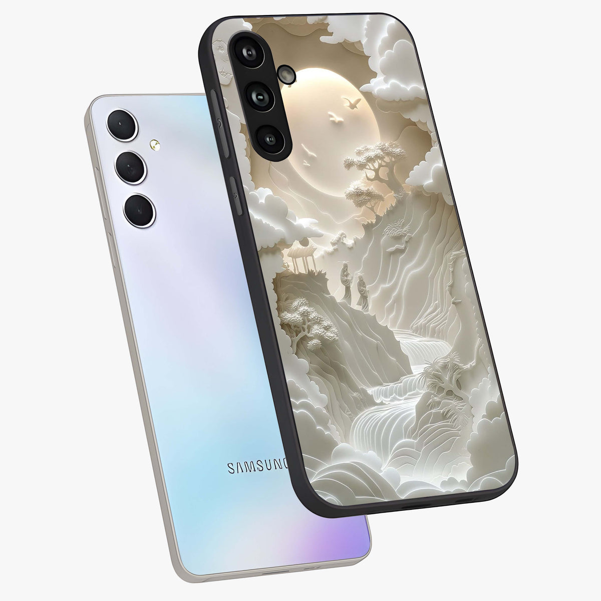 Celestial Origami Glass Case displayed in angled mockup highlighting geometric origami design with cosmic aesthetic theme.
