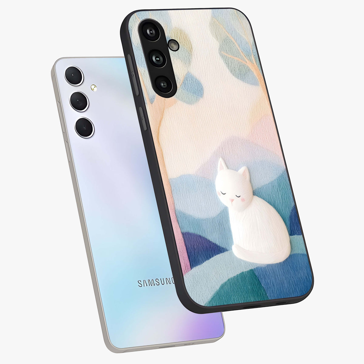 Cotton Dream Cat Glass Case displayed in angled mockup highlighting cute feline illustration with pastel aesthetic style.