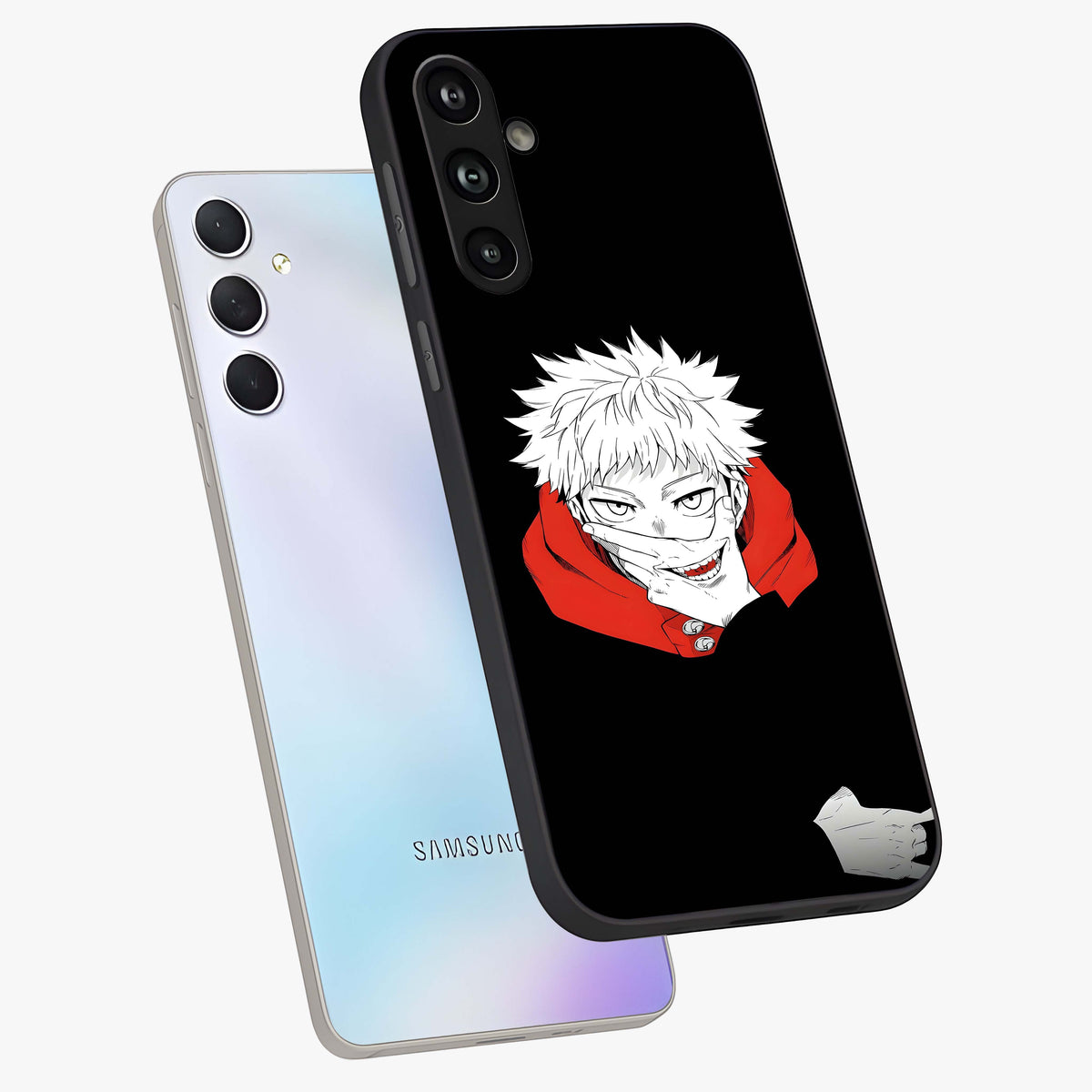 Crimson Chaos Smile Glass Case displayed in angled mockup highlighting edgy crimson smile design with graphic aesthetic.