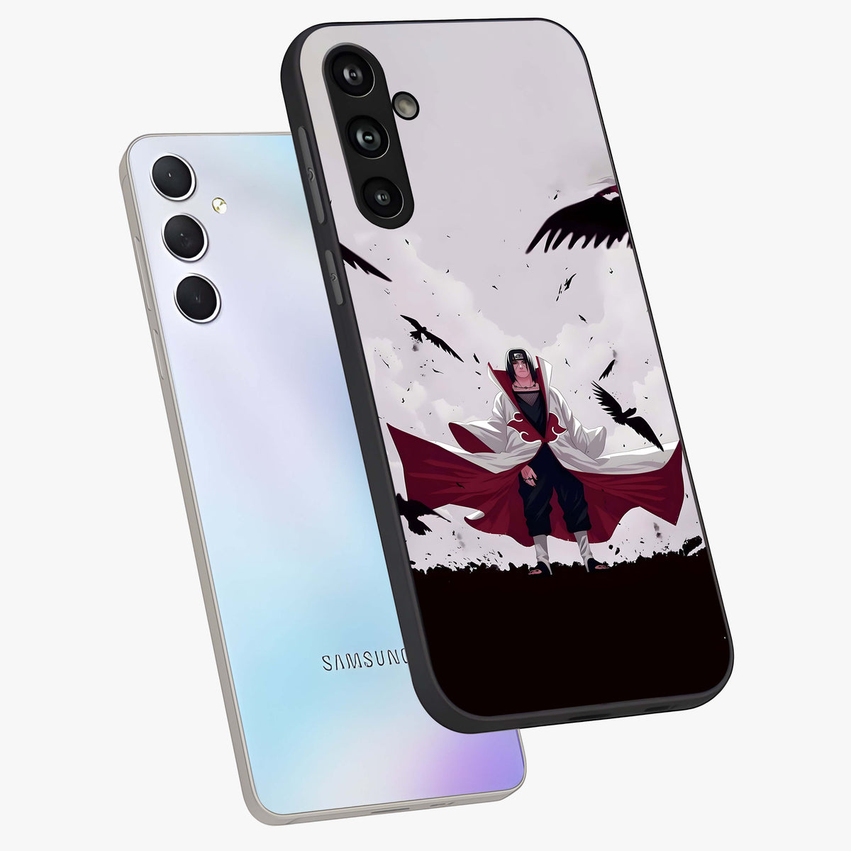 Crimson Crow Ascension Glass Case displayed in angled mockup highlighting powerful crow illustration with dark crimson aesthetic.