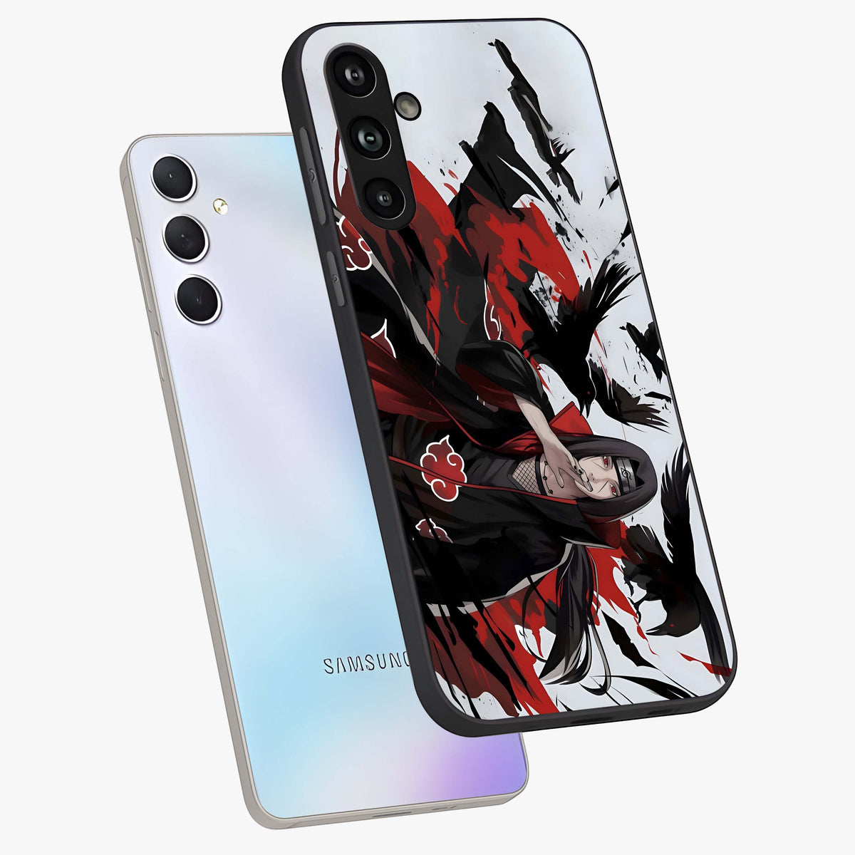 Crimson Crow Illusion Glass Case displayed in angled mockup highlighting mysterious crow graphic with dark aesthetic style.