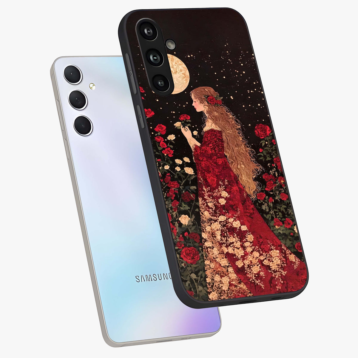Crimson Dreams Glass Case displayed in angled mockup highlighting soft crimson aesthetic design with artistic theme.
