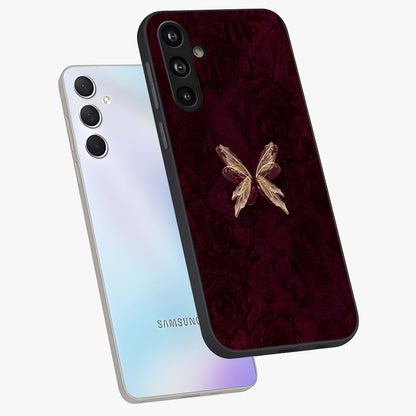 Crimson Fade Butterfly Glass Case displayed in angled mockup highlighting elegant butterfly design with crimson gradient aesthetic.