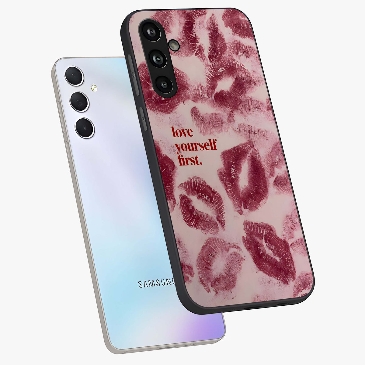 Crimson Kiss Love Glass Case displayed in angled mockup highlighting bold love inspired design with modern aesthetic style.