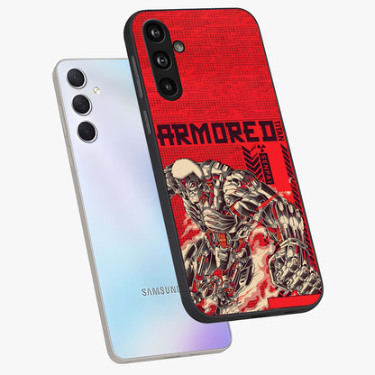 Crimson Mecha Titan Glass Case displayed in angled mockup highlighting futuristic mech illustration with bold crimson aesthetic.