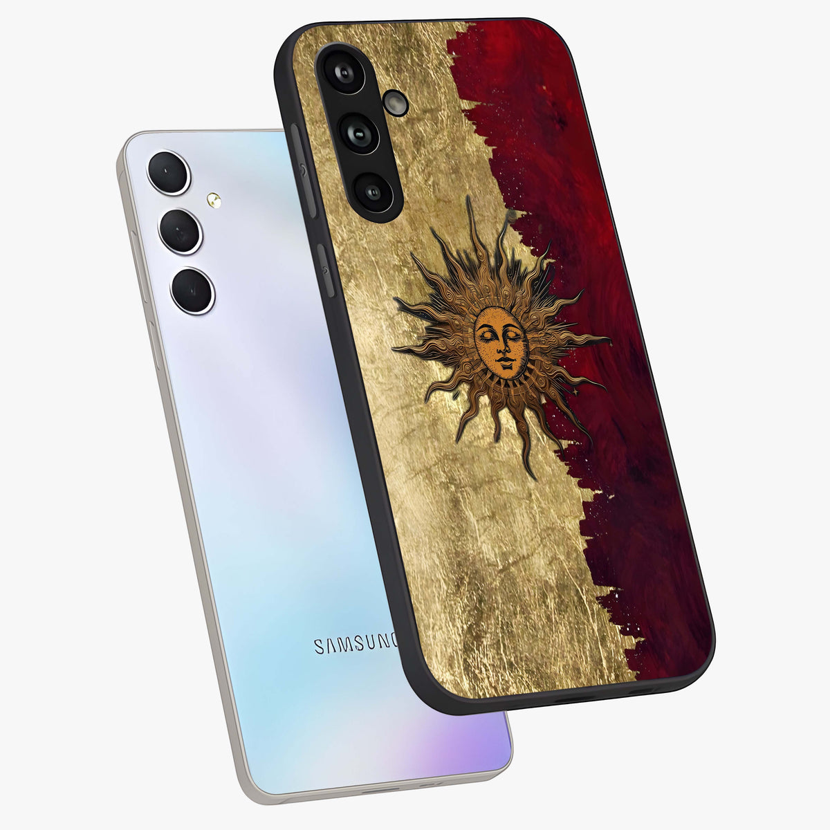 Crimson Sun Majesty Glass Case displayed in angled mockup highlighting majestic crimson sun design with bold aesthetic style.