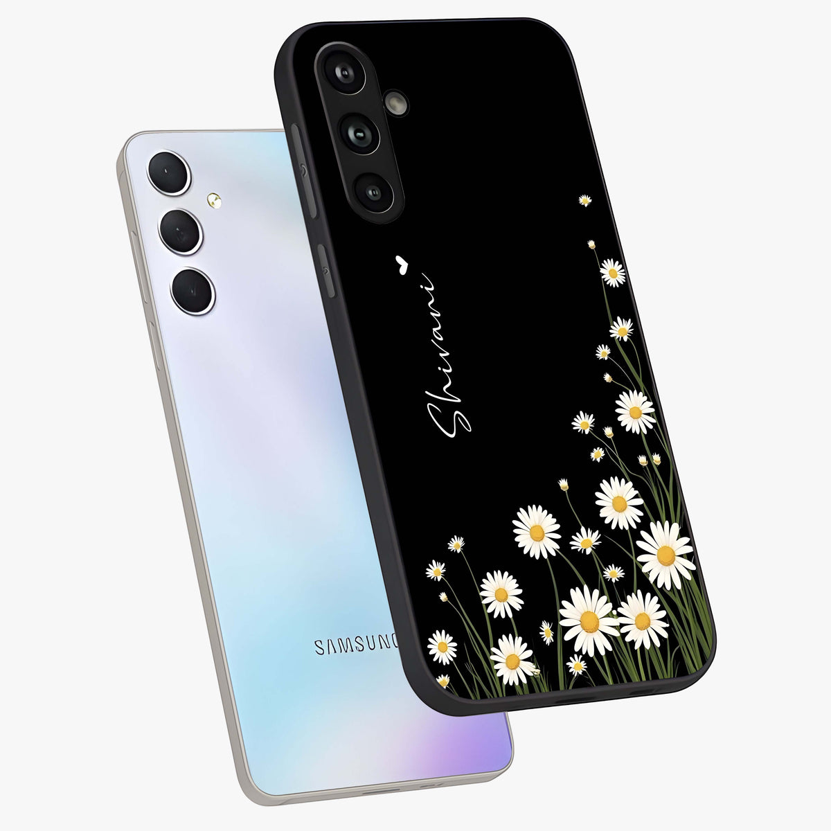 Daisy Cascade Custom Name Glass Case displayed in angled mockup highlighting delicate daisy artwork with custom name feature.