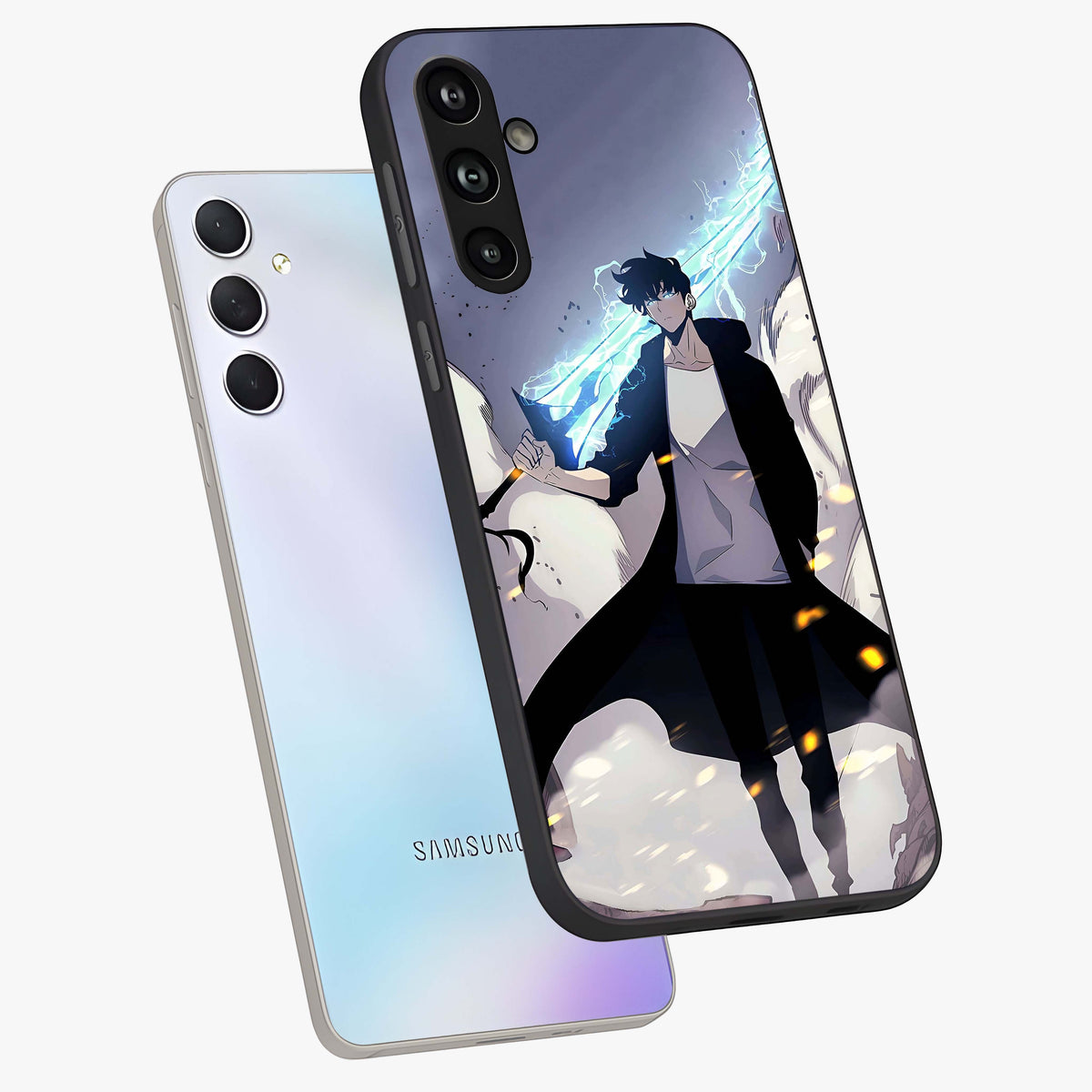 Dark Lightning Anime Warrior Glass Case displayed in angled mockup highlighting powerful lightning themed anime illustration.