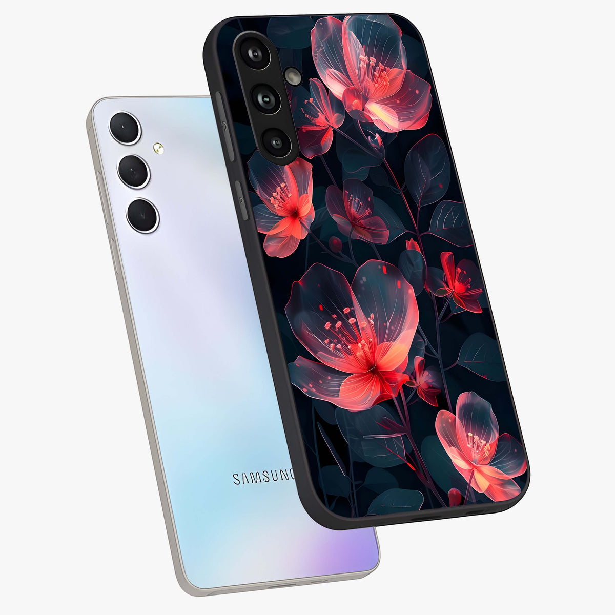 Dark Shade of Flower Glass Case displayed in angled mockup highlighting moody floral illustration with aesthetic dark tones.