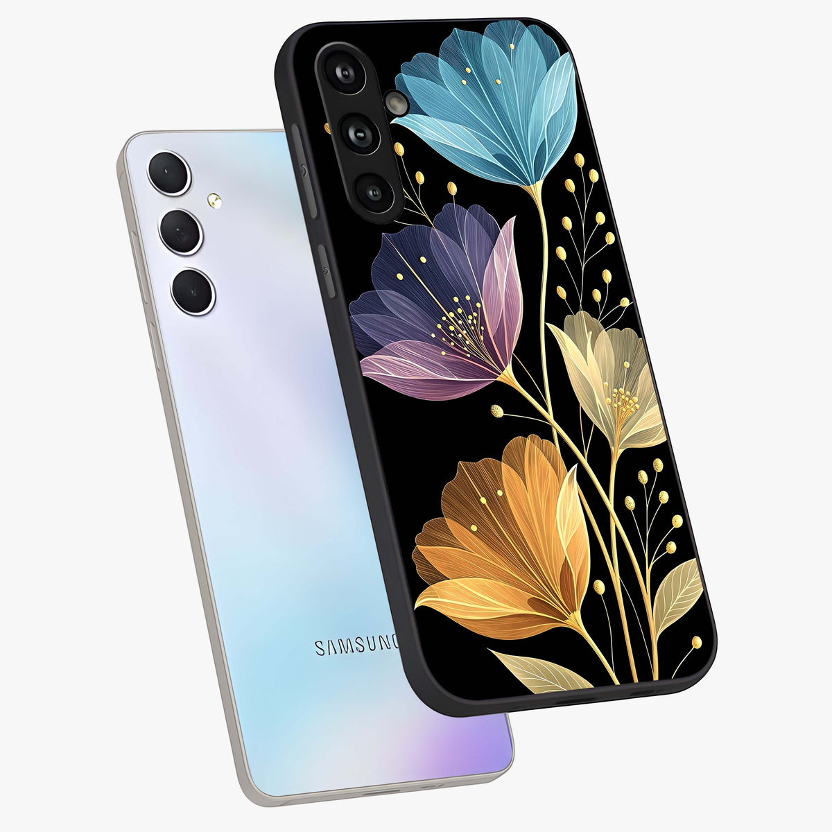 Delicate Multicolor Flowers Glass Case displayed in angled mockup highlighting colorful flower pattern with soft aesthetic style.
