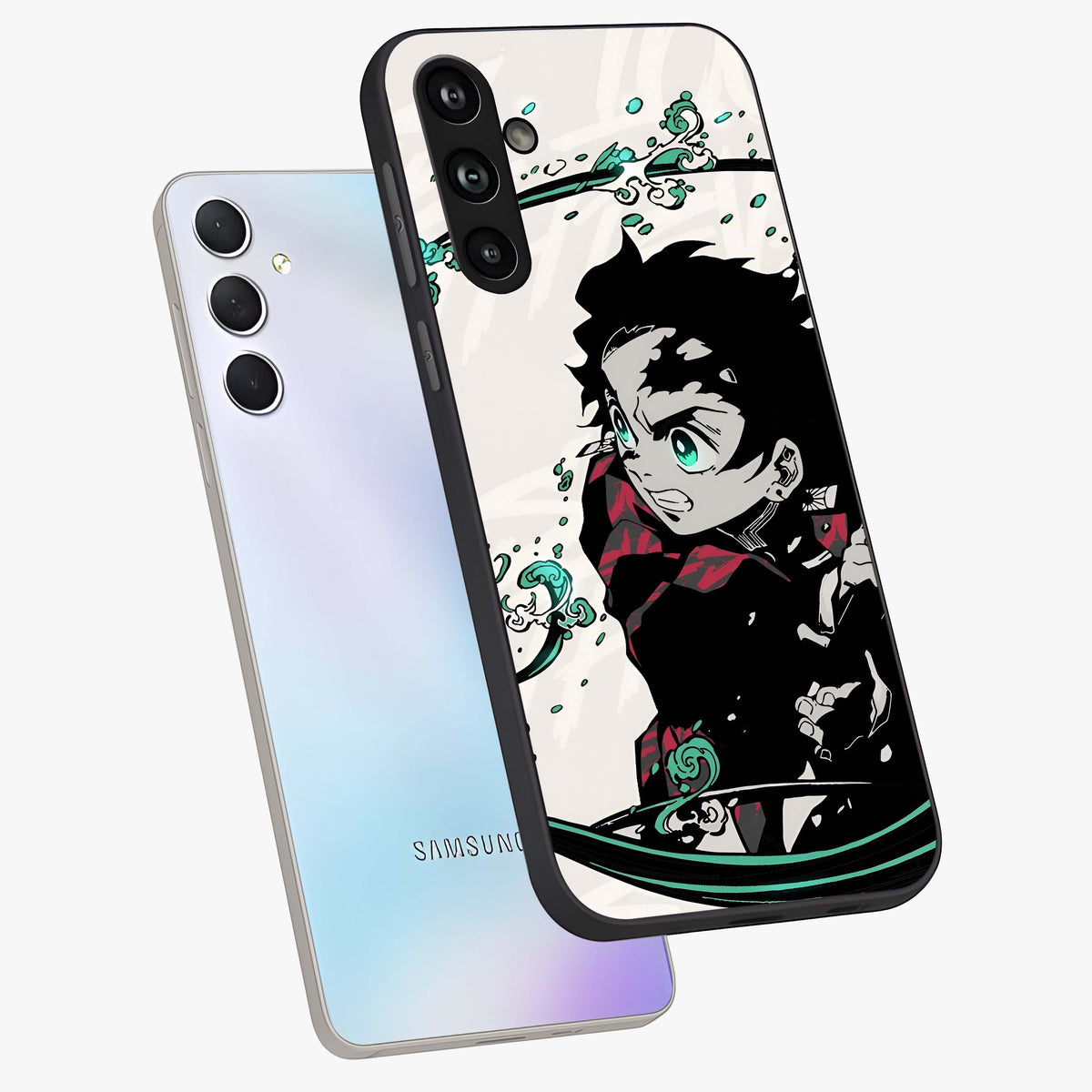 Demon Slayer Glass Case displayed in angled mockup highlighting dramatic anime character design with action aesthetic.