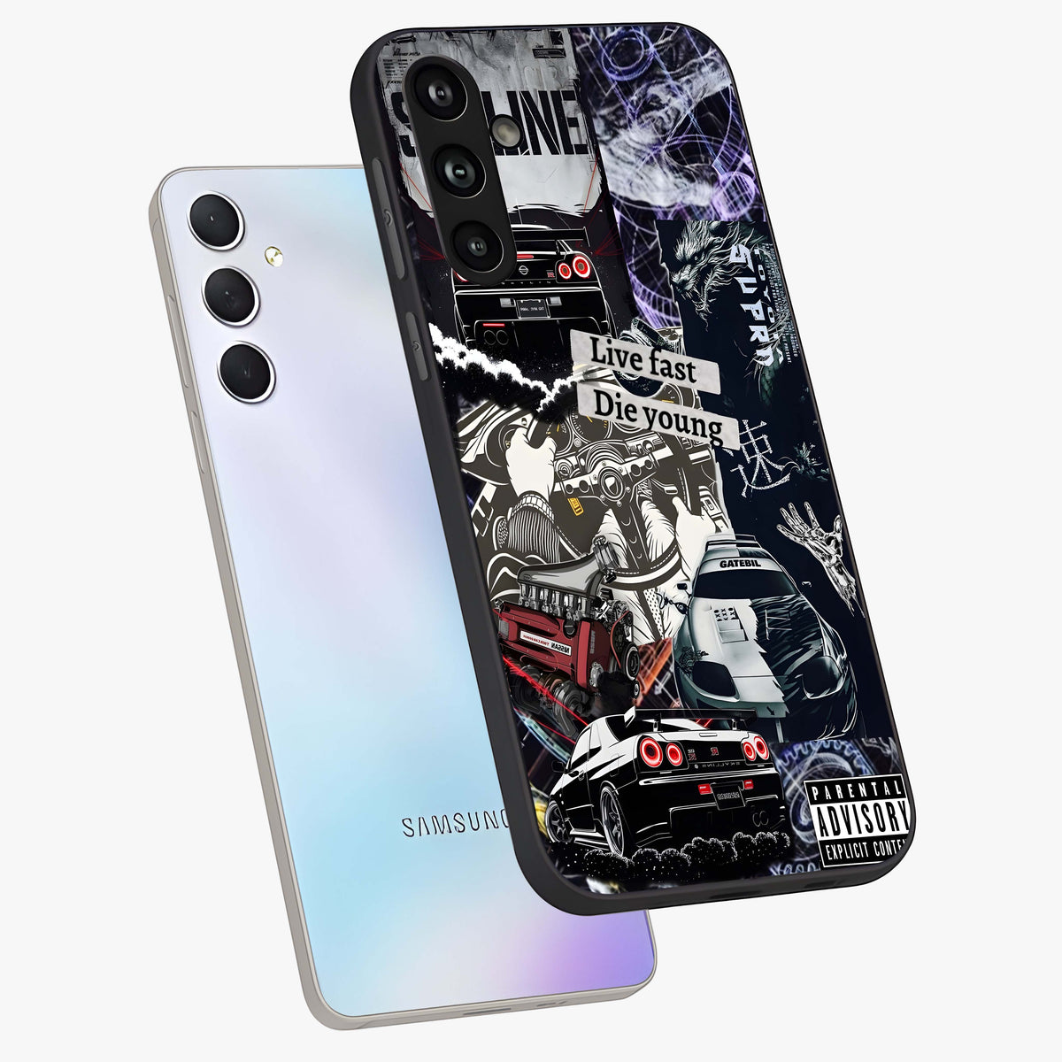 Die Young Glass Case displayed in angled mockup highlighting expressive graphic artwork with edgy aesthetic style.
