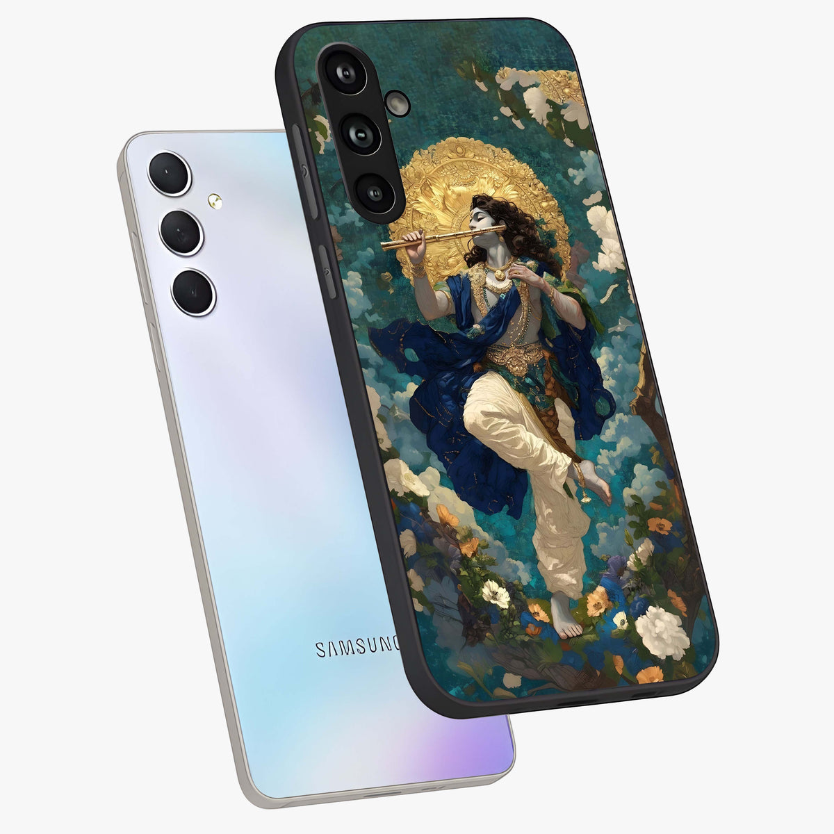 Divine Krishna Art Glass Case displayed in angled mockup highlighting spiritual Krishna illustration with devotional aesthetic.