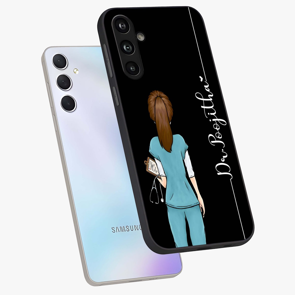 Doctor Pattern Custom Name Glass Case displayed in angled mockup highlighting doctor inspired artwork with custom name feature.