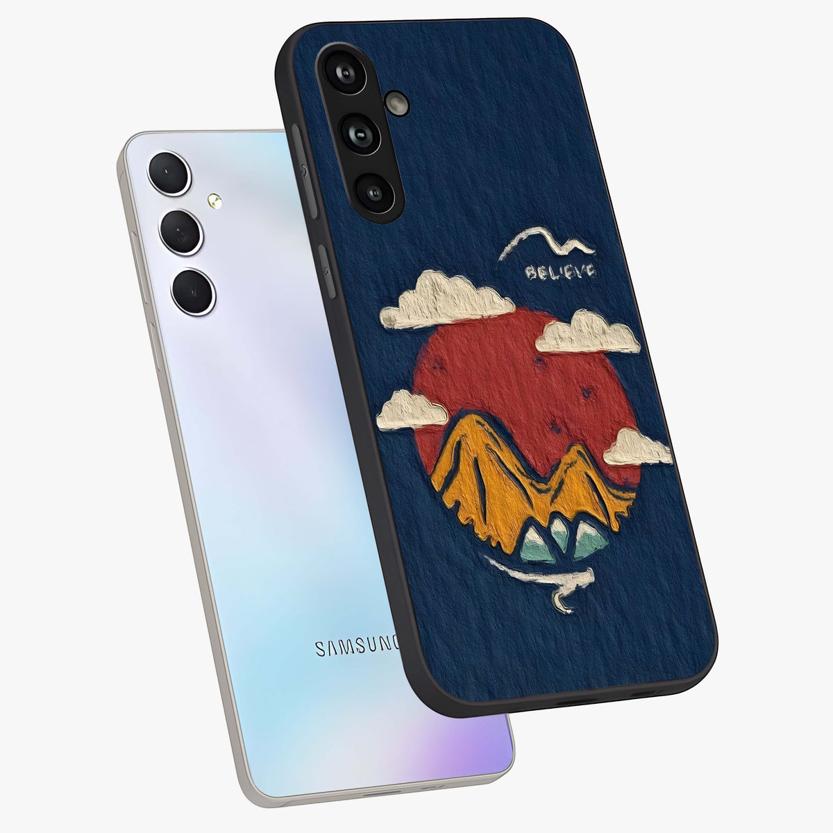 Dream Beyond Mountains Glass Case displayed in angled mockup highlighting dreamy mountain illustration with peaceful aesthetic.