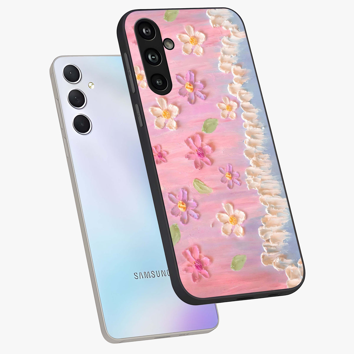 Dreamy Painted Garden Glass Case displayed in angled mockup highlighting colorful garden illustration with dreamy aesthetic style.