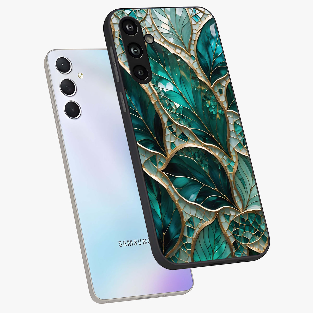 Emerald Leaf Glass Glass Case displayed in angled mockup highlighting botanical leaf illustration with elegant natural aesthetic.