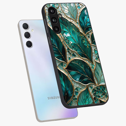 Emerald Leaf Glass Glass Case displayed in angled mockup highlighting botanical leaf illustration with elegant natural aesthetic.