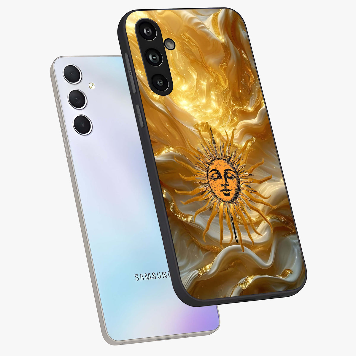 Eternal Golden Glow Glass Case displayed in angled mockup highlighting glowing golden aesthetic design with elegant style.
