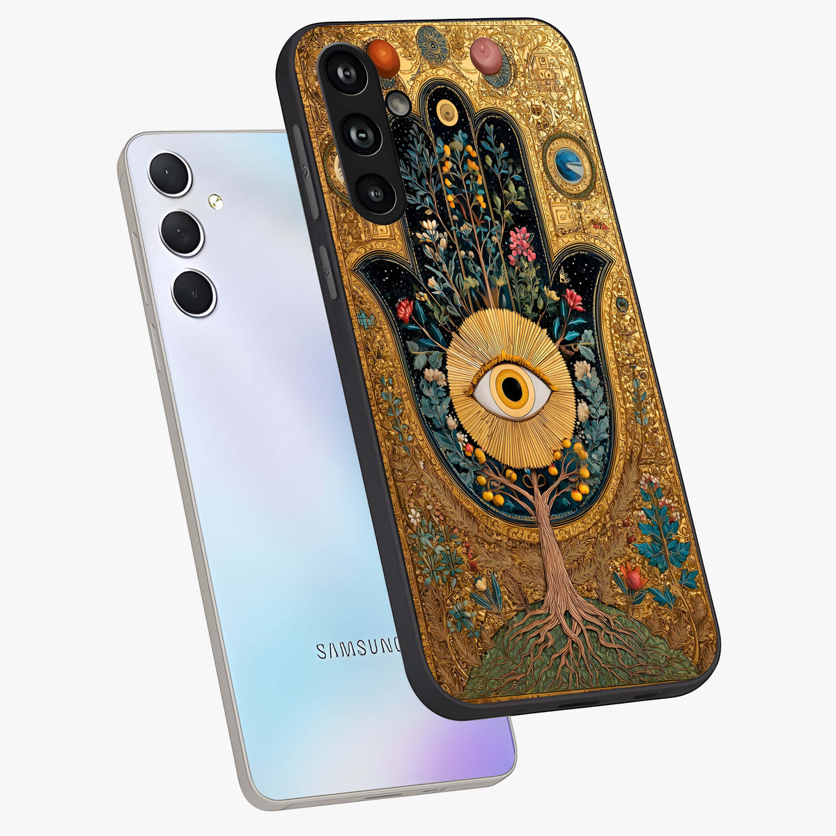 Ethereal Evil Eye Glass Case displayed in angled mockup highlighting protective evil eye symbol with spiritual aesthetic design.