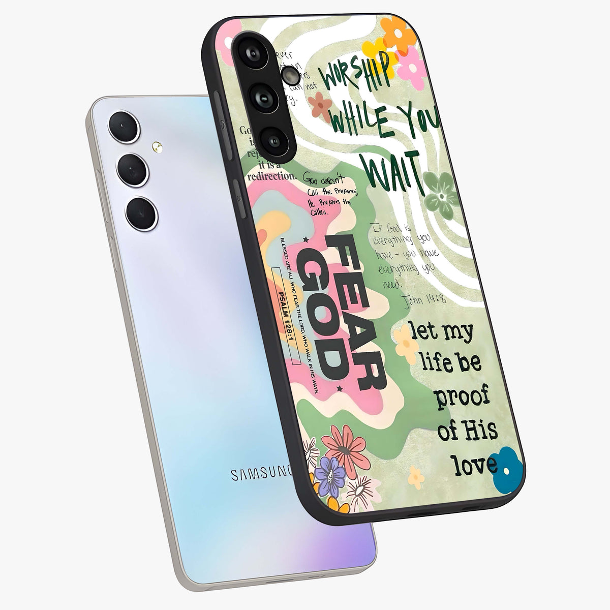 Faith Over Fear Glass Case displayed in angled mockup highlighting inspirational message design with modern aesthetic style.