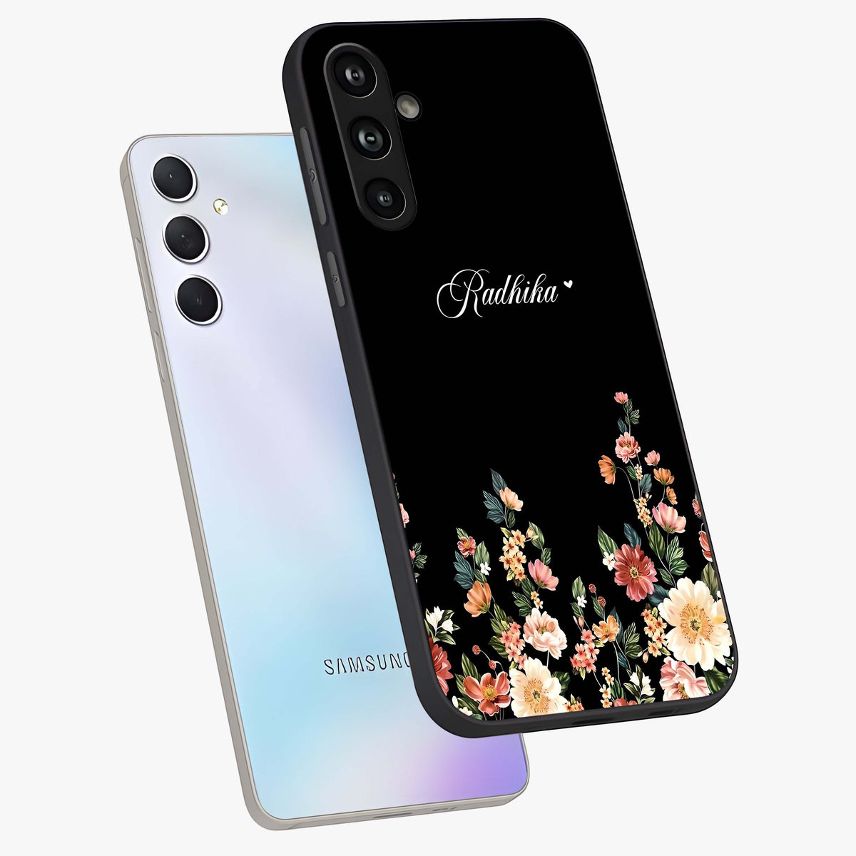 Floral Design With a Custom Personalized Name Glass Case displayed in angled mockup highlighting elegant floral pattern with custom name feature.