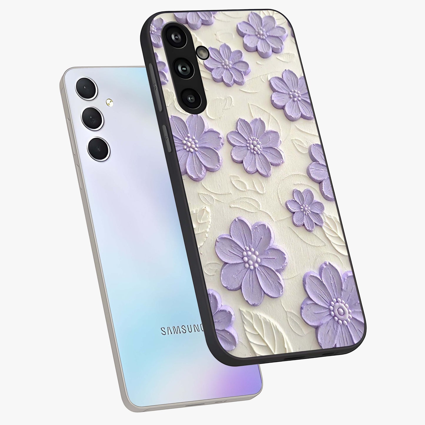 Floral Wall Art With Purple Flowers Glass Case displayed in angled mockup highlighting vibrant purple floral illustration with artistic aesthetic.