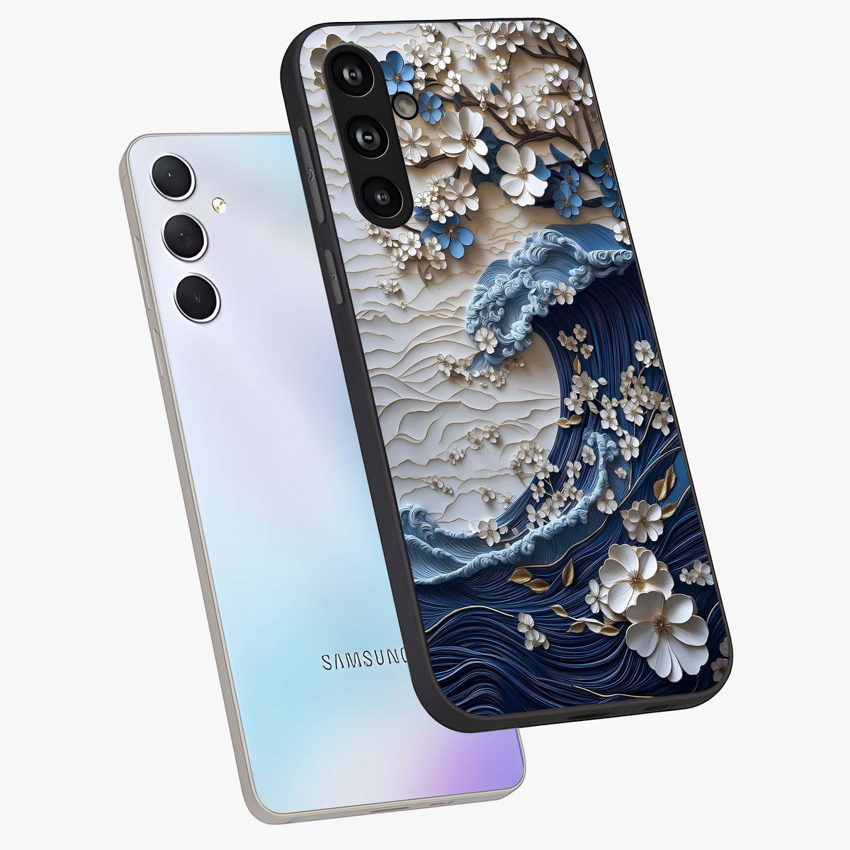 Floral Wave Origami Glass Case displayed in angled mockup highlighting geometric origami flower design with modern aesthetic style.