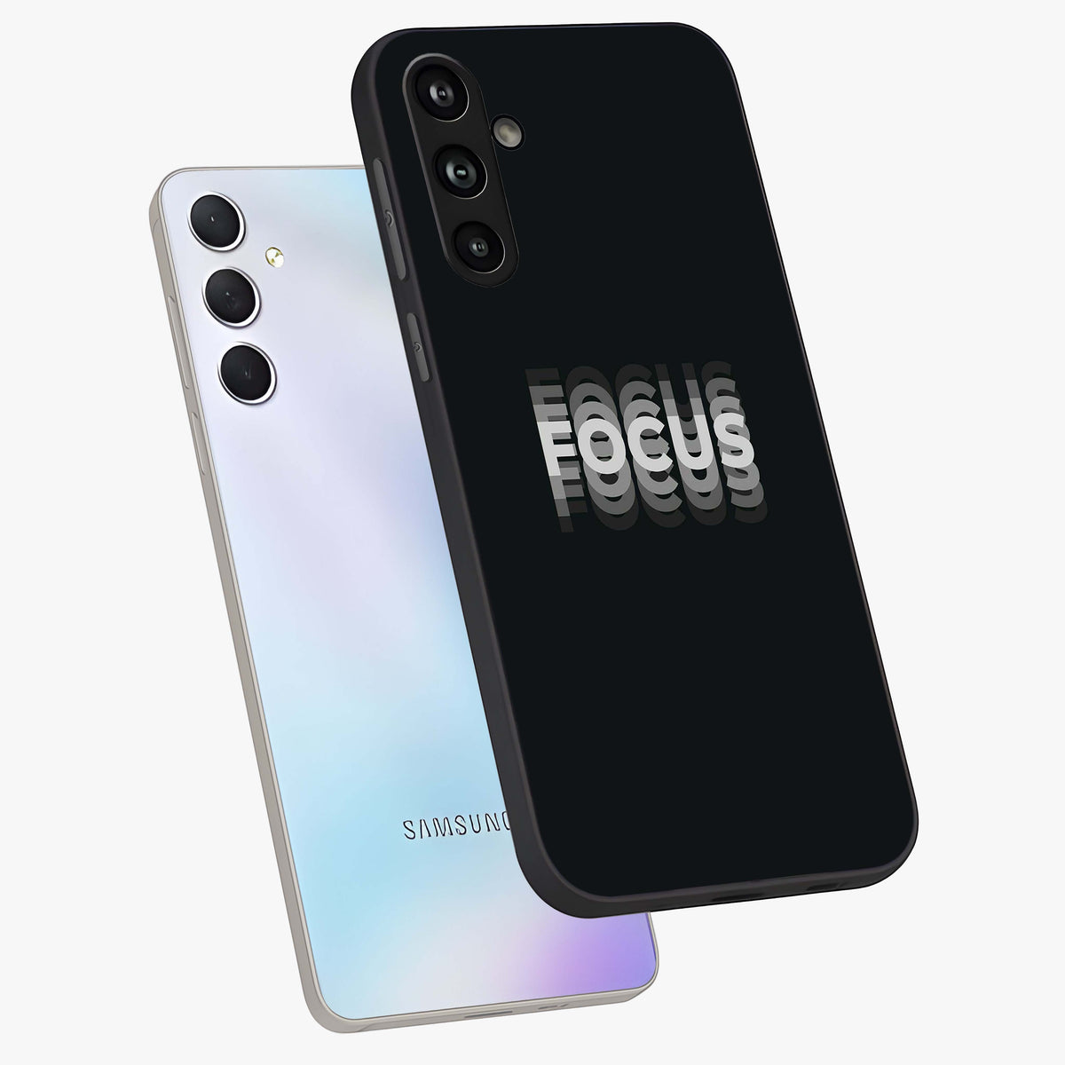 Focus Mode On Glass Case displayed in angled mockup highlighting clean minimal text artwork with modern aesthetic style.