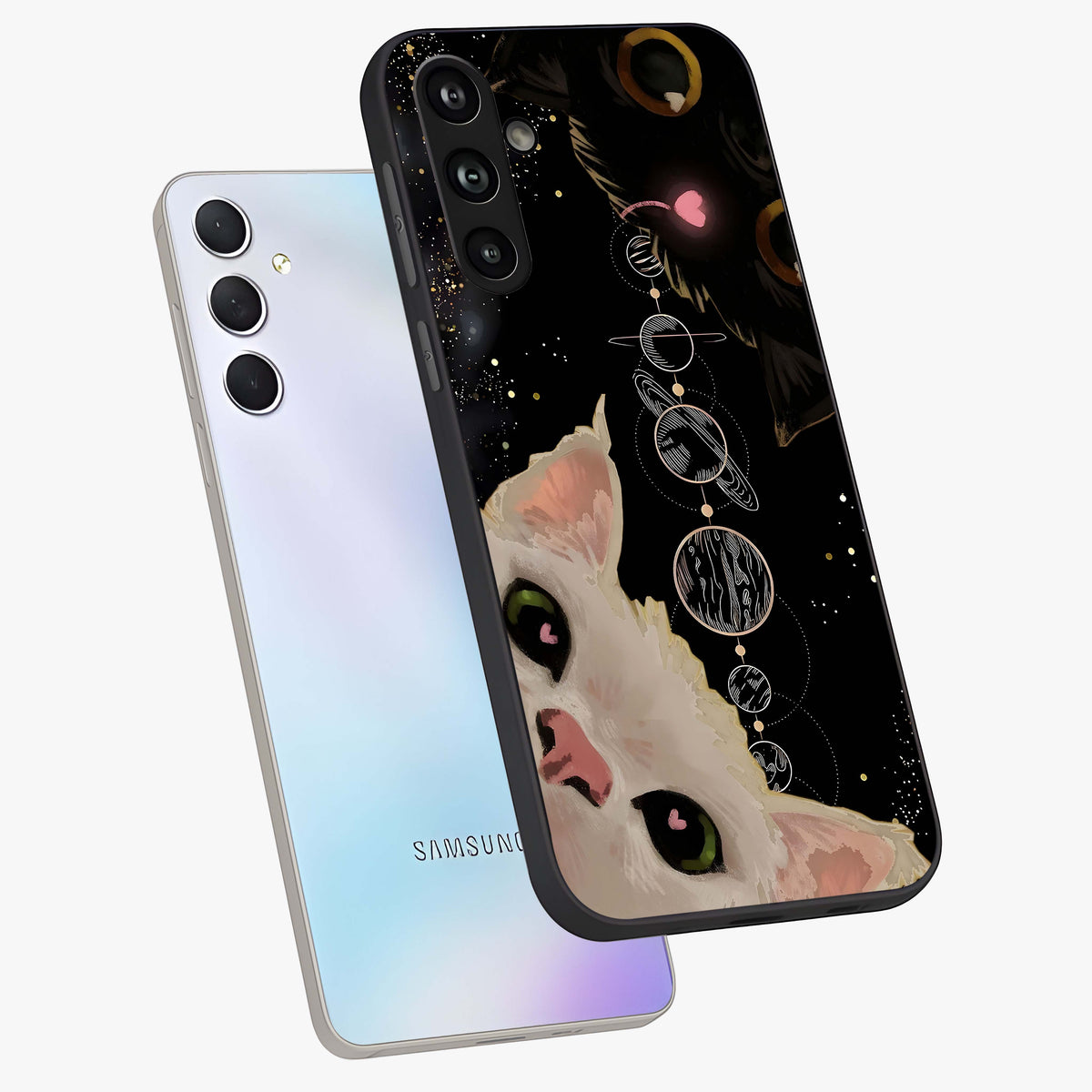 Galactic Cat Glass Case displayed in angled mockup highlighting celestial feline illustration with galaxy aesthetic style.