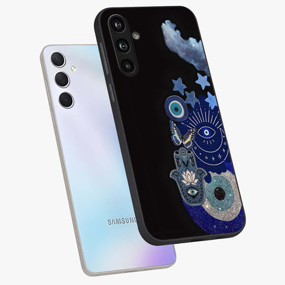 Galactic Charm Cluster Glass Case displayed in angled mockup highlighting luminous galaxy inspired design with dreamy aesthetic.