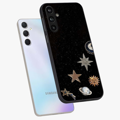 Galactic Charm Glow Glass Case displayed in angled mockup highlighting luminous galaxy inspired design with dreamy aesthetic.