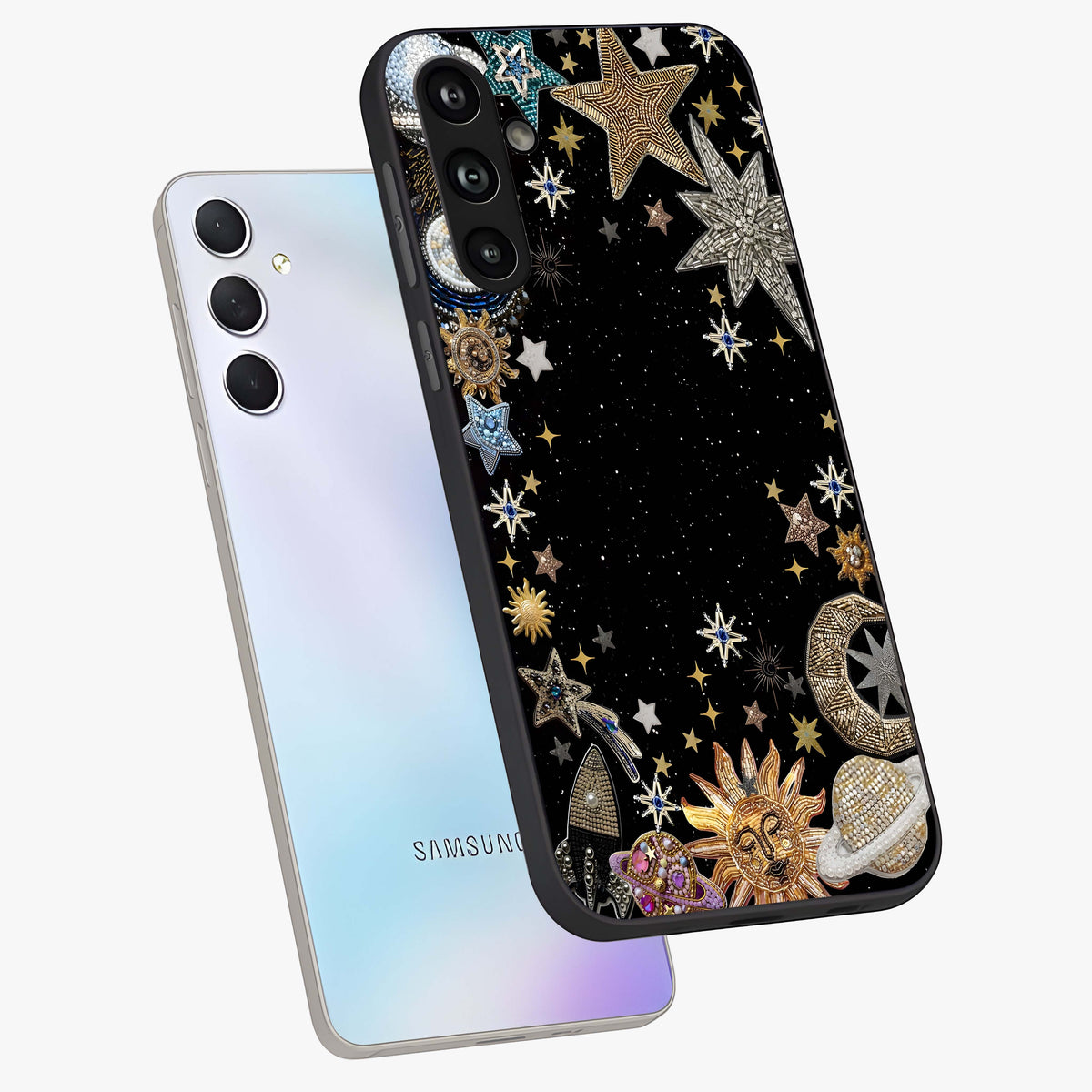 Galactic Jewel Stars Glass Case displayed in angled mockup highlighting shining celestial star design with cosmic aesthetic style.