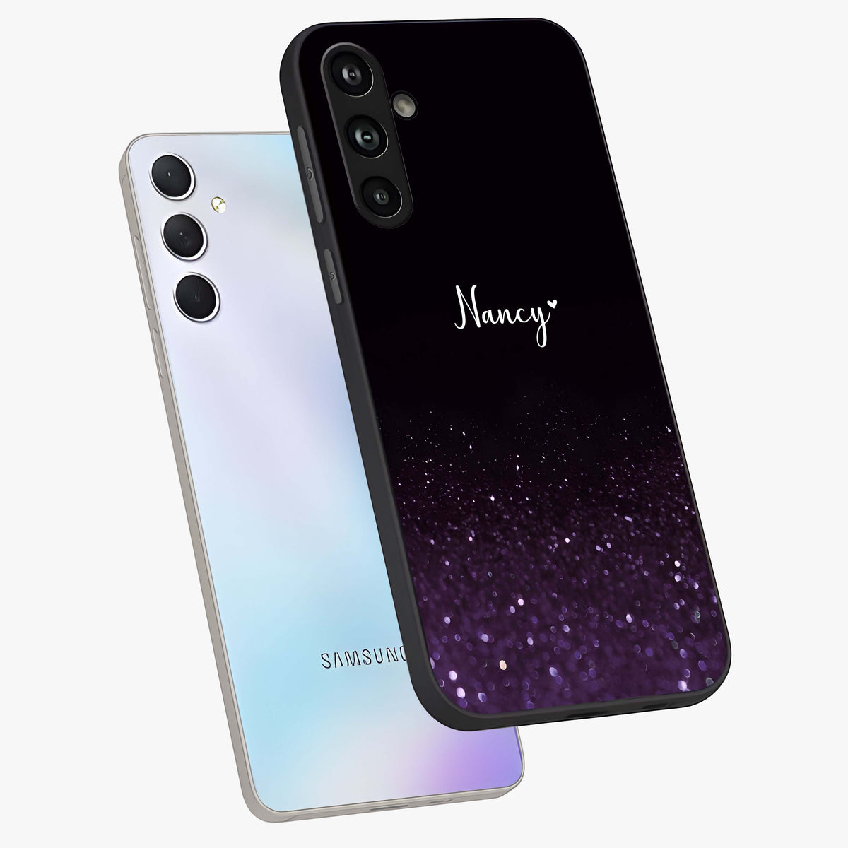 Glittery Purple Bokeh Custom Name Glass Case displayed in angled mockup highlighting glitter bokeh pattern with custom name feature.