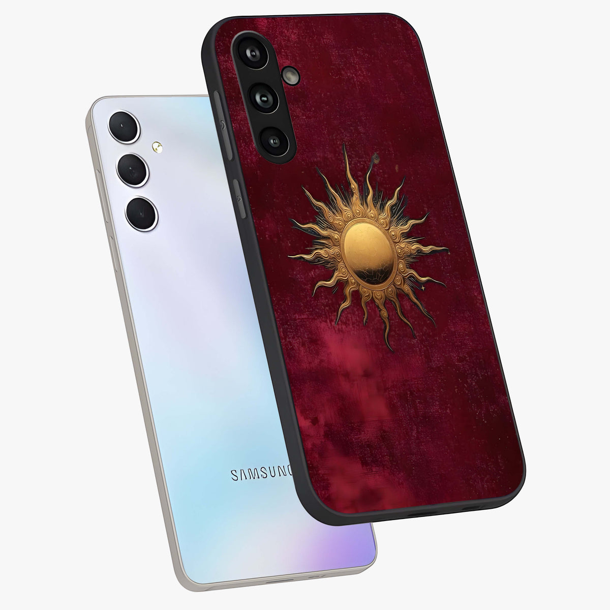 Golden Sun Minimalism Glass Case displayed in angled mockup highlighting clean sun symbol design with modern minimal aesthetic.