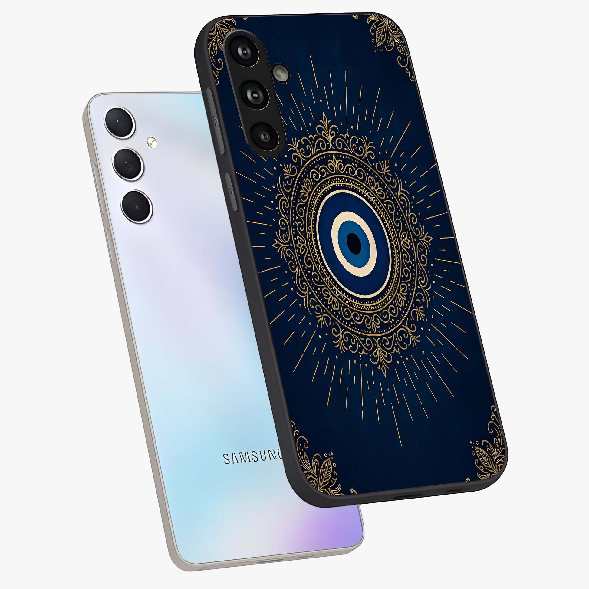 Golden Celestial Charm Glass Case displayed in angled mockup highlighting sparkling cosmic charm design with celestial aesthetic.