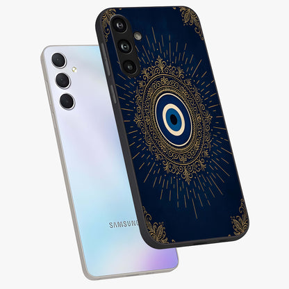 Golden Celestial Charm Glass Case displayed in angled mockup highlighting sparkling cosmic charm design with celestial aesthetic.