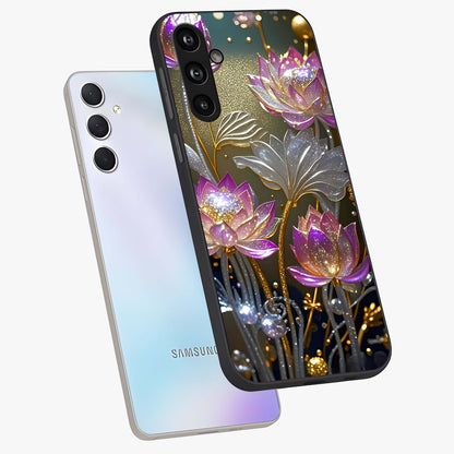 Golden Floral Majesty Glass Case displayed in angled mockup highlighting elegant flower design with royal golden aesthetic.