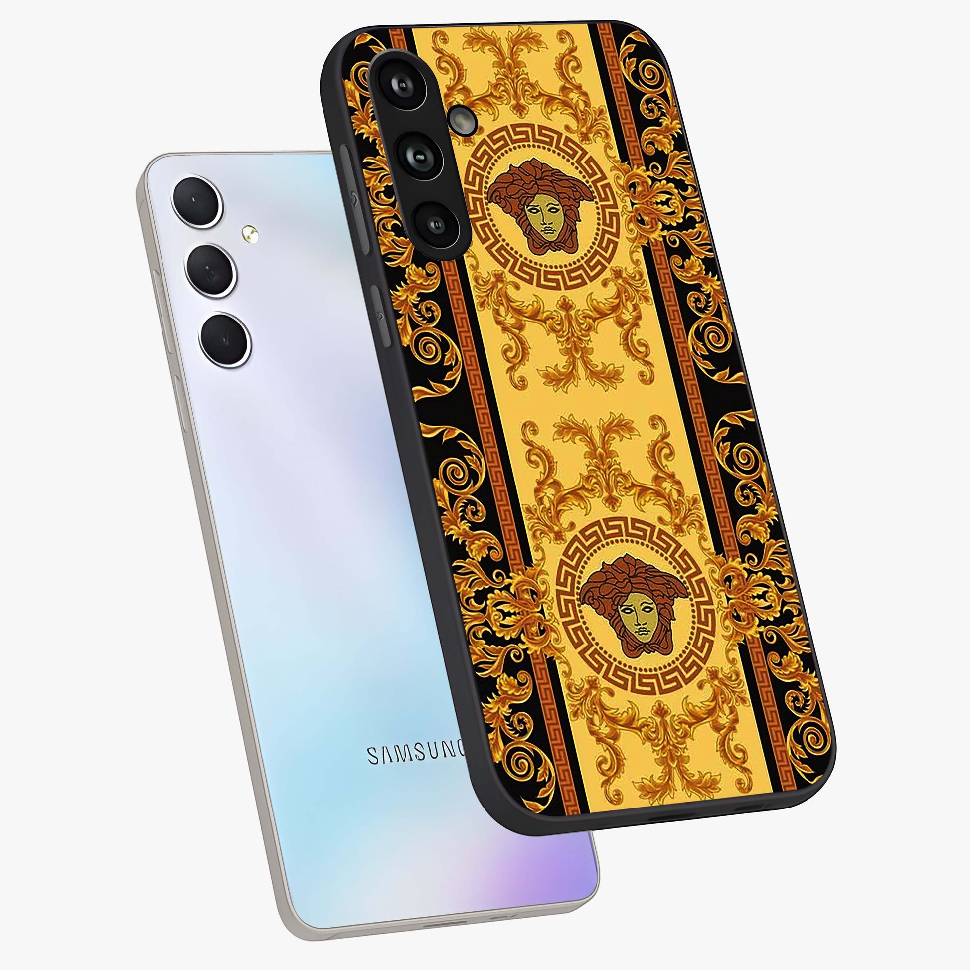 Golden Lotus Glow Glass Case displayed in angled mockup highlighting radiant lotus illustration with spiritual aesthetic.