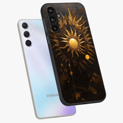 Golden Sun Majesty Glass Case displayed in angled mockup highlighting eerie shadow illustration with gothic aesthetic.