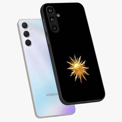 Golden Sun Minimalism Glass Case displayed in angled mockup highlighting eerie shadow illustration with gothic aesthetic.