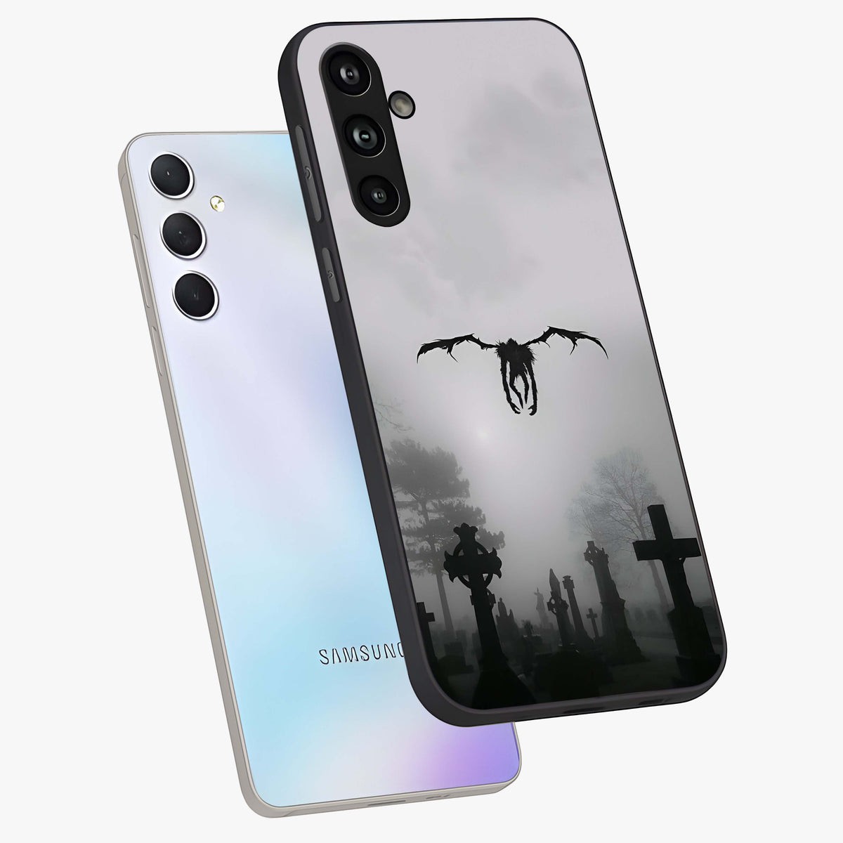 Graveyard Shadow Descent Glass Case displayed in angled mockup highlighting eerie shadow illustration with gothic aesthetic.