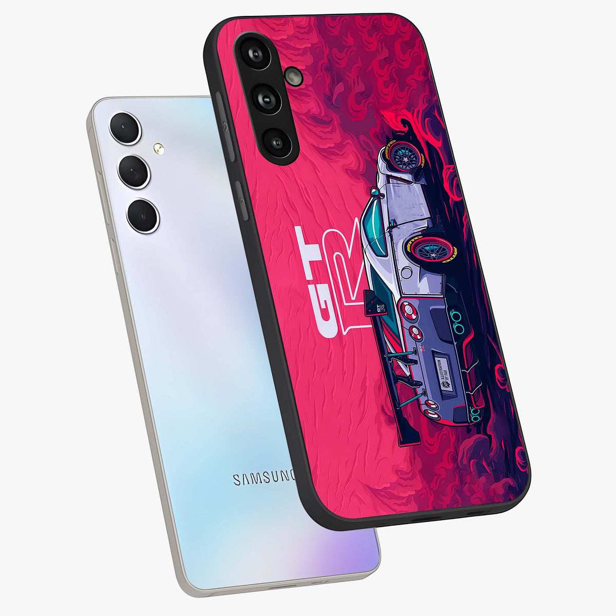 GT-R Car Pattern Glass Case displayed in angled mockup highlighting racing car graphic design with bold automotive aesthetic.