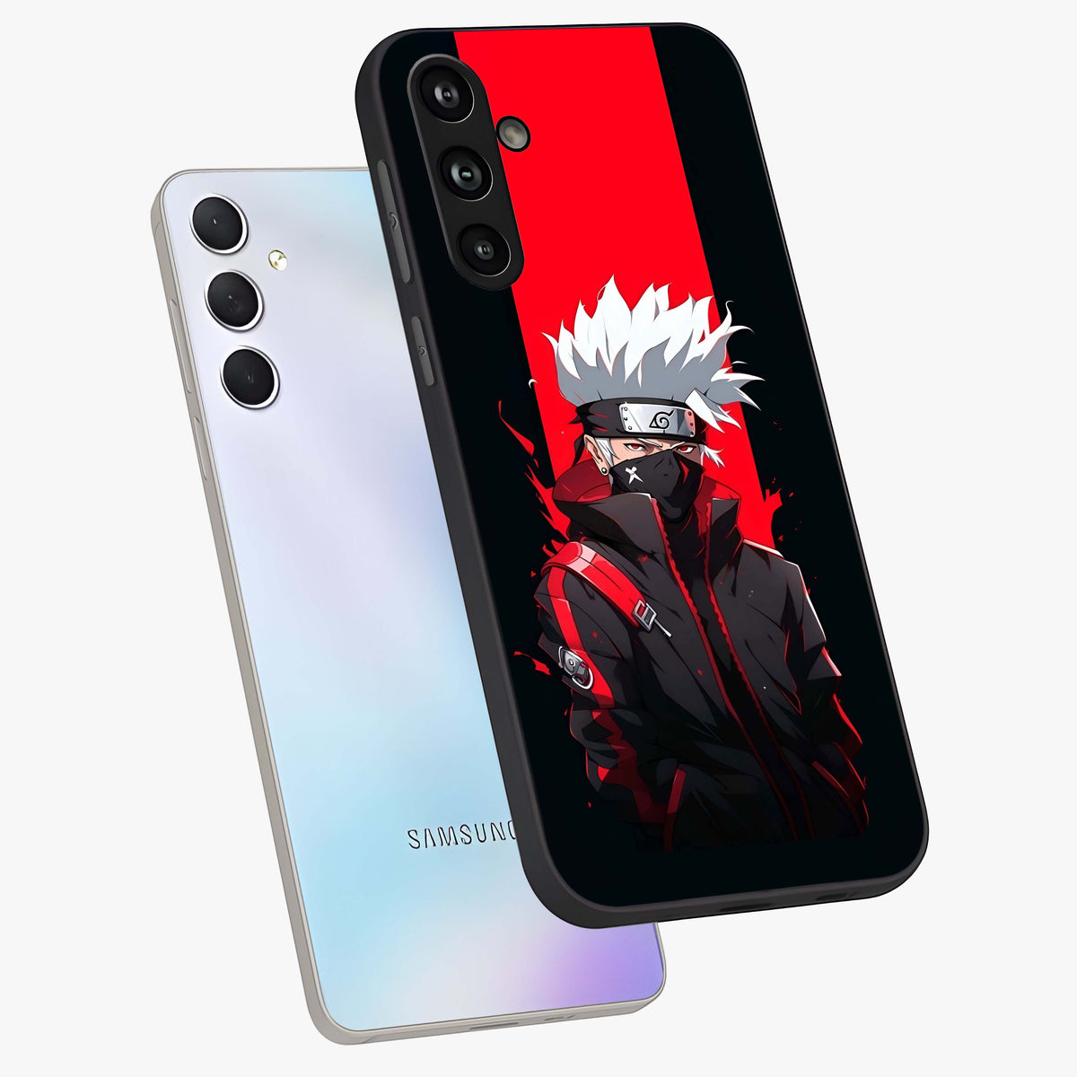 Kakashi Scarlet Shadow Glass Case displayed in angled mockup highlighting dramatic ninja illustration with scarlet themed aesthetic.