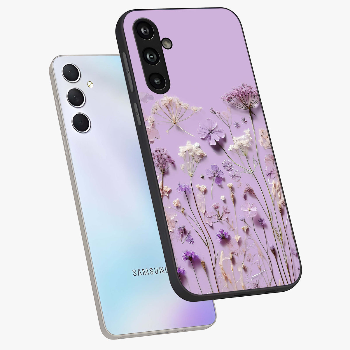 Lavender Blossom Dream Glass Case displayed in angled mockup highlighting dreamy lavender flower design with calming aesthetic style.