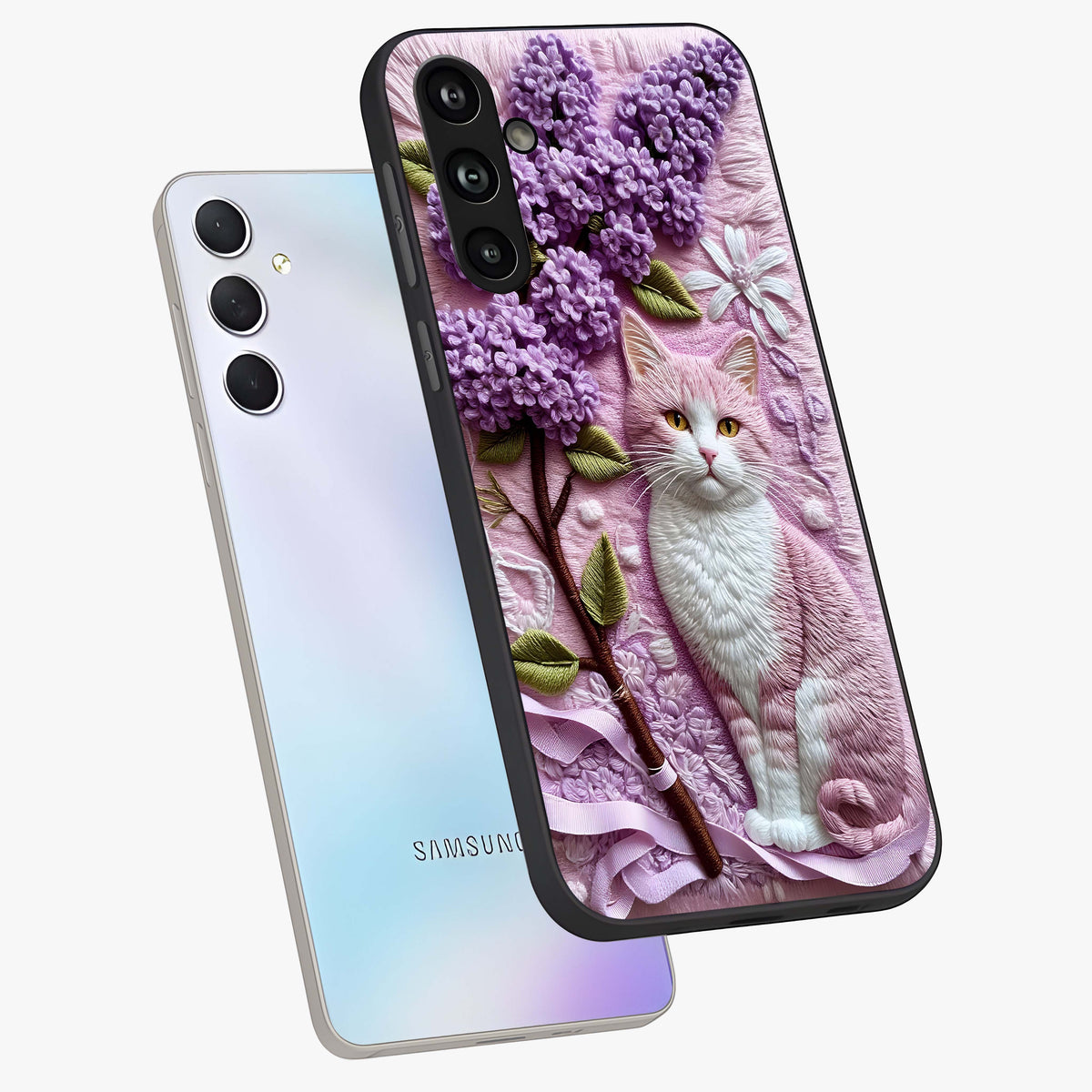 Lavender Cat Whimsy Glass Case displayed in angled mockup highlighting playful feline illustration with pastel lavender aesthetic.