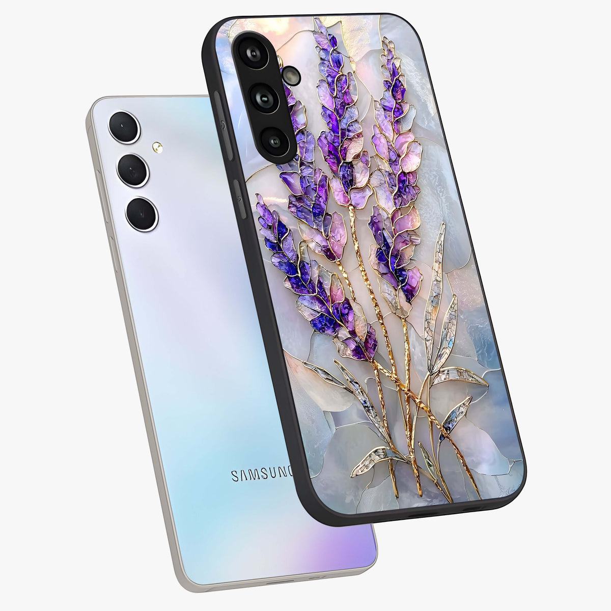 Lavender Dream Glow Glass Case displayed in angled mockup highlighting dreamy purple glow design with soft artistic style.