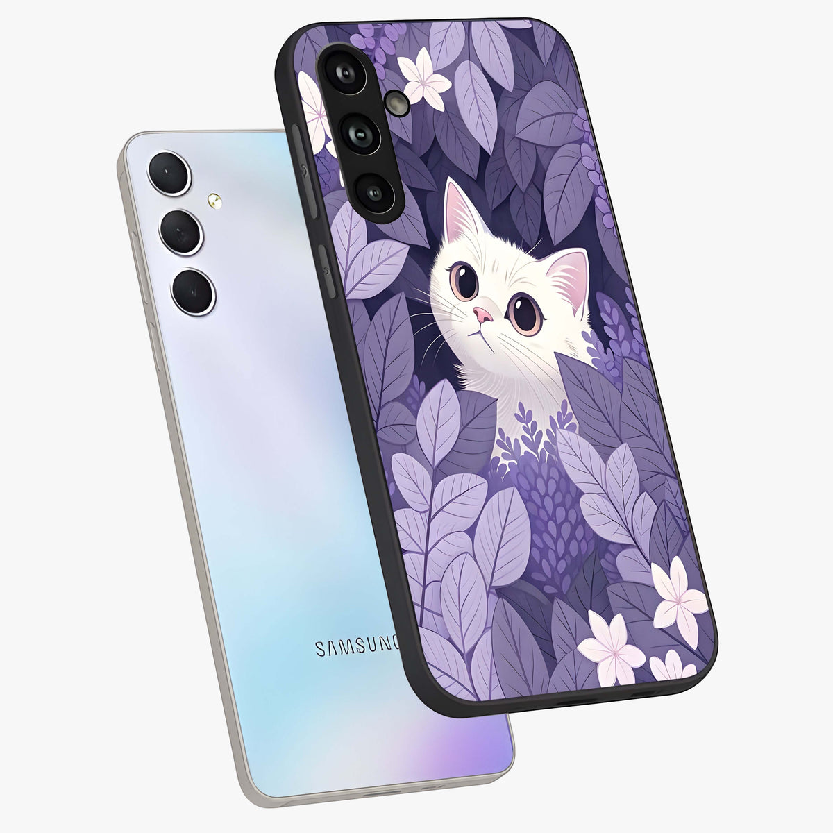Lilac Hide Peek Cat Glass Case displayed in angled mockup highlighting playful feline illustration with lilac aesthetic design.