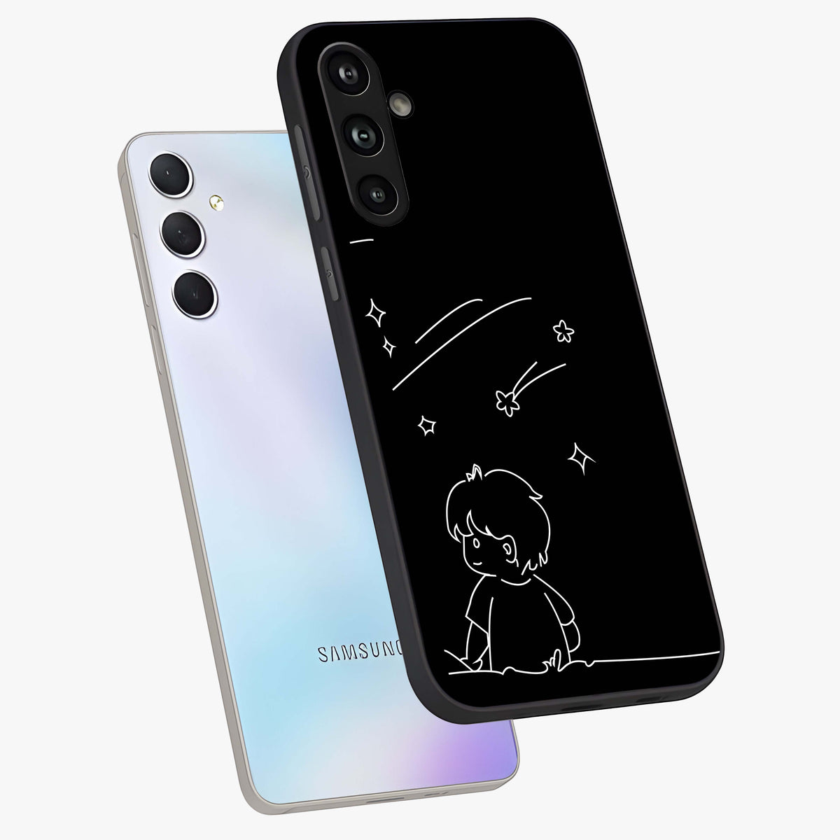 Line Art Boy With Shooting Stars Glass Case displayed in angled mockup highlighting elegant line art design with dreamy star aesthetic.