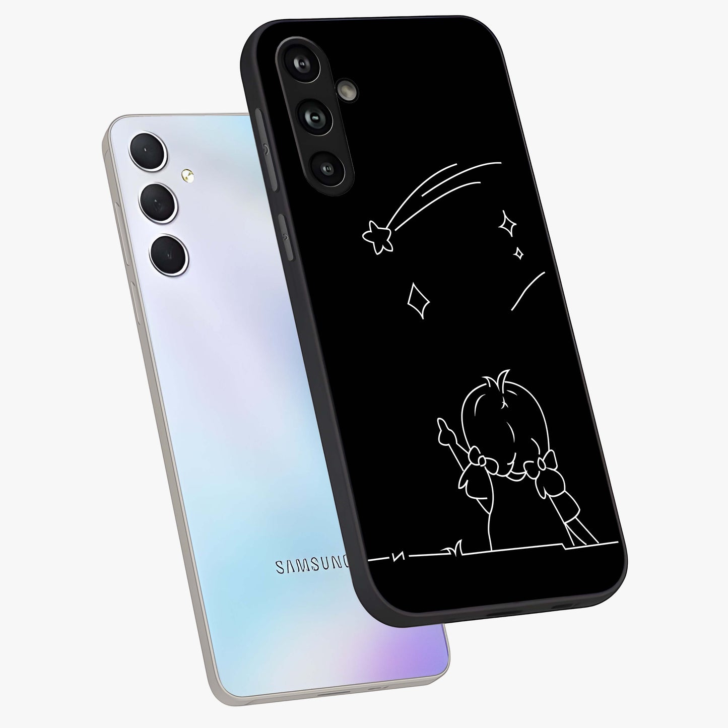 Line Art Girl With Shooting Stars Glass Case displayed in angled mockup highlighting elegant line art design with dreamy star aesthetic.